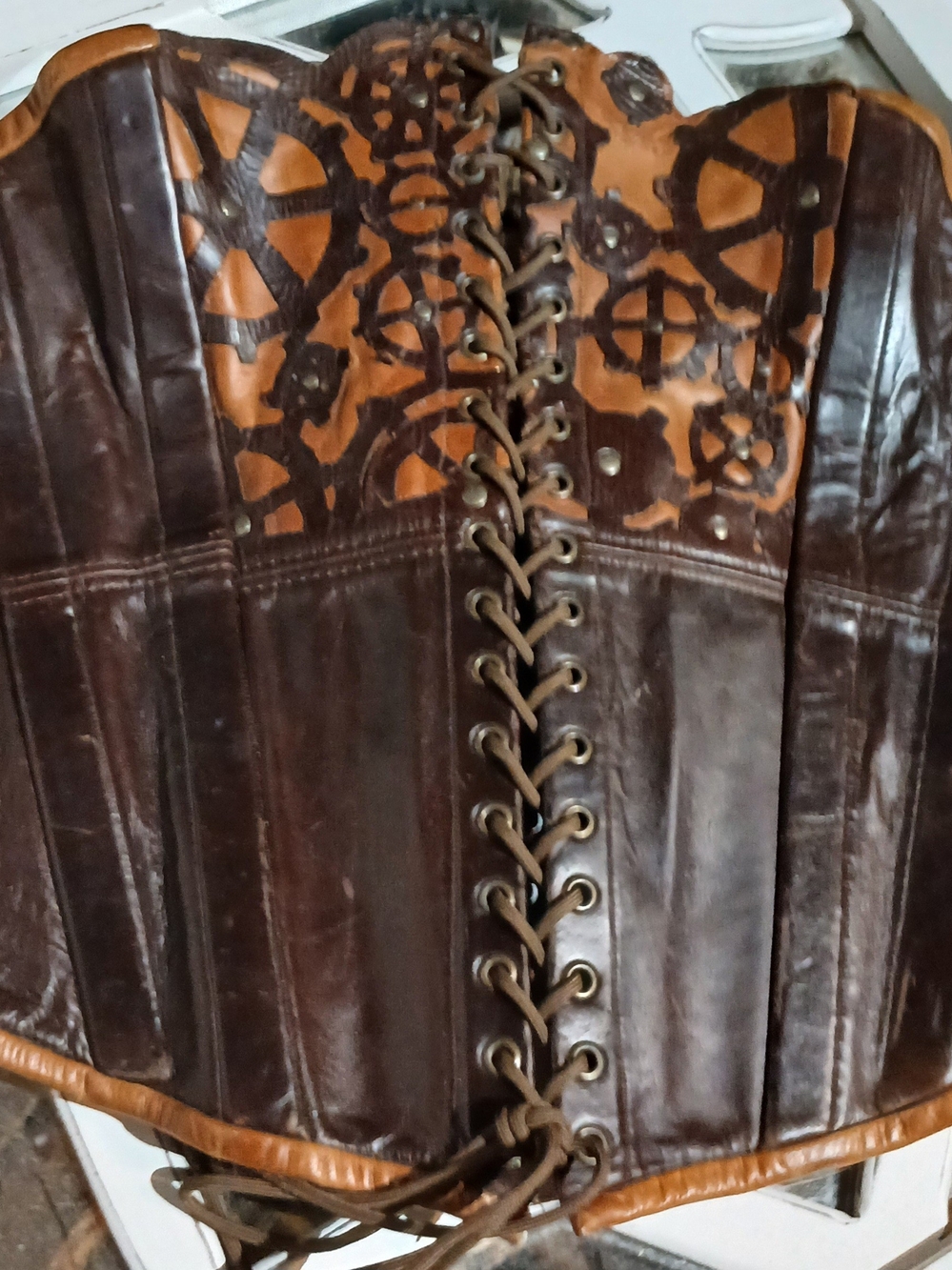 Handcrafted Brown & Tan Leather Lace-Up Waist Corset